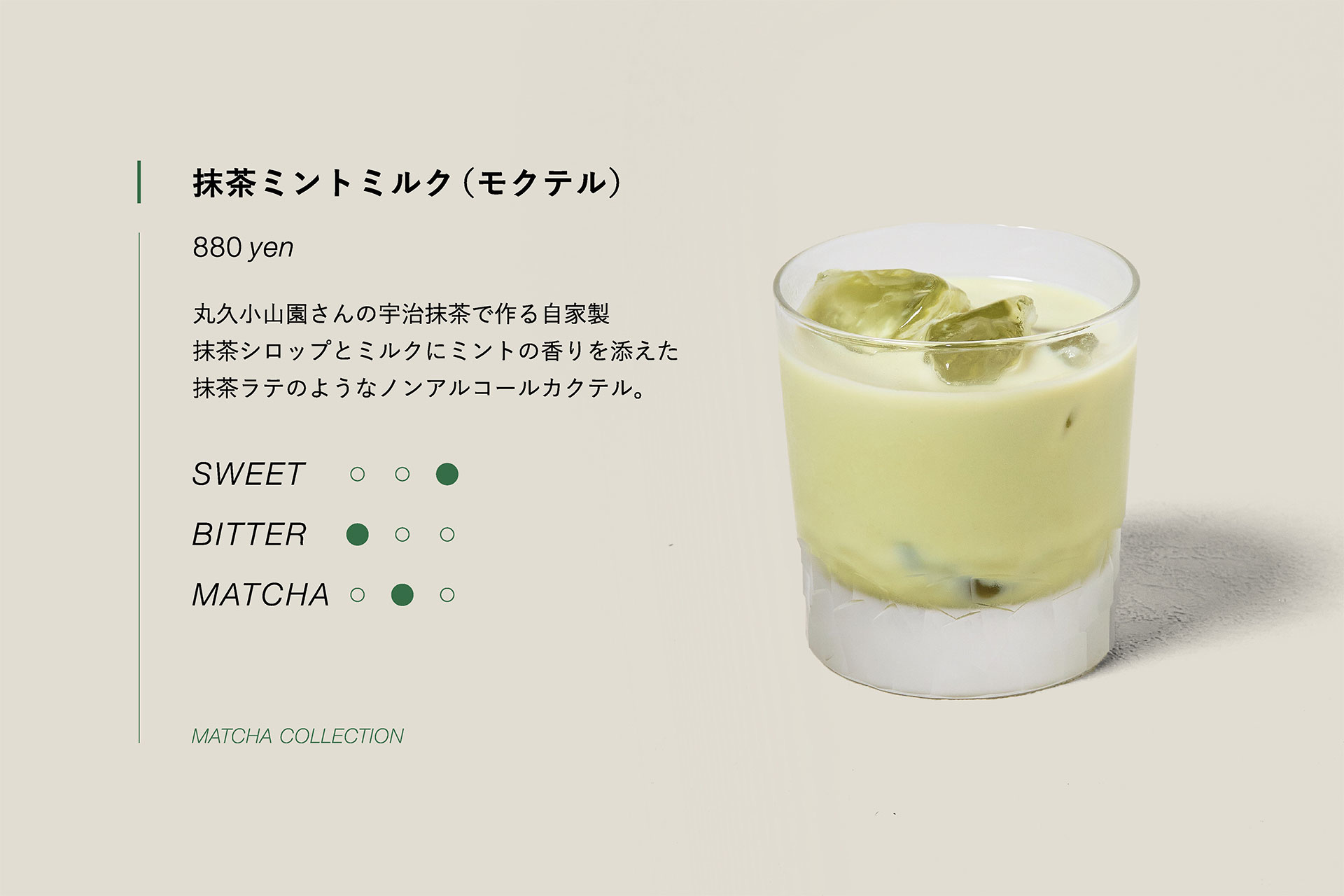 抹茶モントミルク（モクテル）　880yen　丸久小山園さんの宇治抹茶で作る自家製抹茶シロップとミルクにミントの香りを添えた抹茶ラテのようなノンアルコールカクテル。